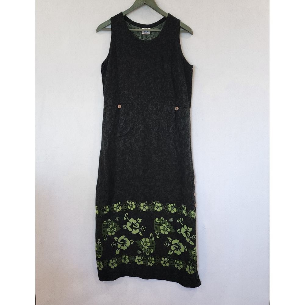 Your Fashion YF Green Black Batik Floral Hibiscus Rayon Midi Dress Womens M